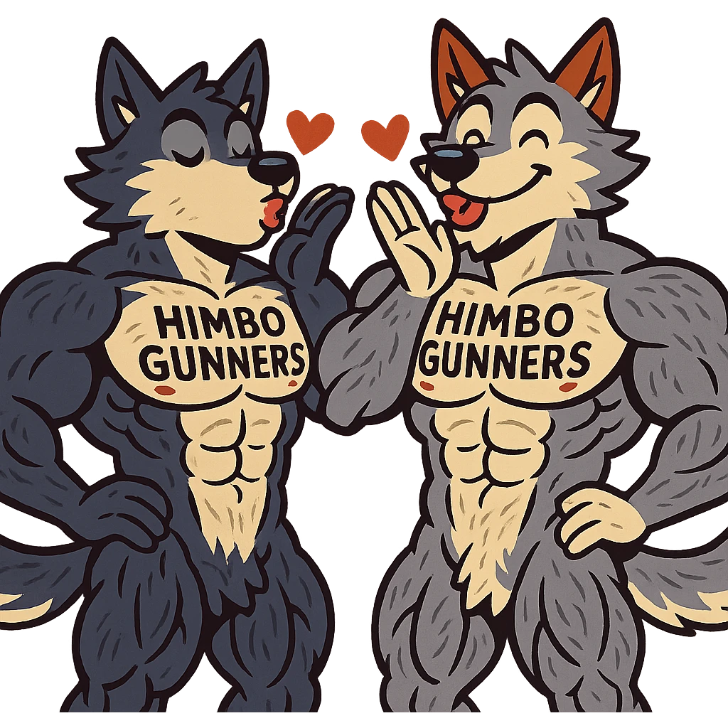 two super buff wolf furries, shirtless, with 'Himbo Gunners' tattooed on their chests, sending kisses, happy and confident, exaggerated muscle definition, detailed fur and anatomy, ultra high quality emoji