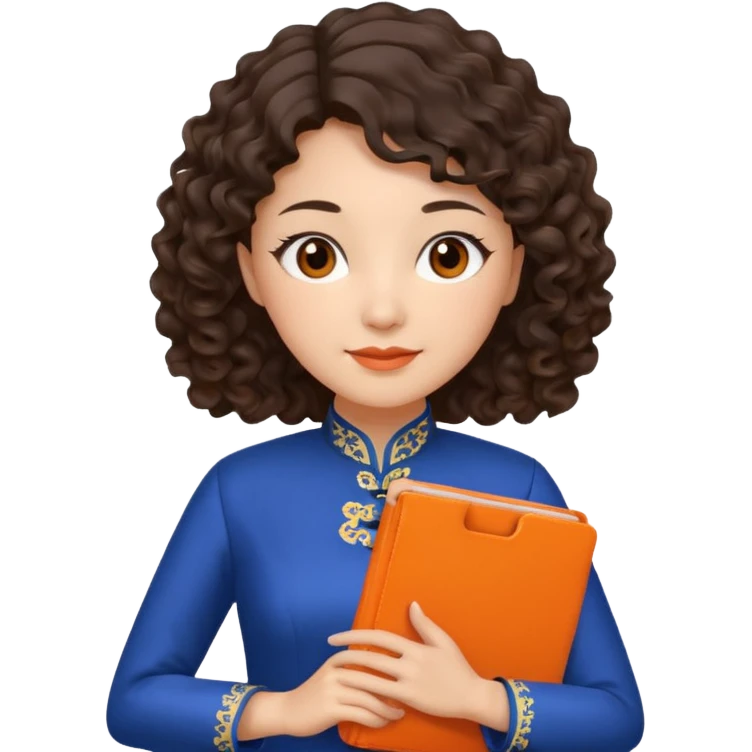 Teacher emoji but : curly/wavy dark brown hair, light skin, no glasses, dark eyes, with a computer folder in the hand (color is orange), being a teacher, wearing a chinese qipao ( dark blue)

 emoji