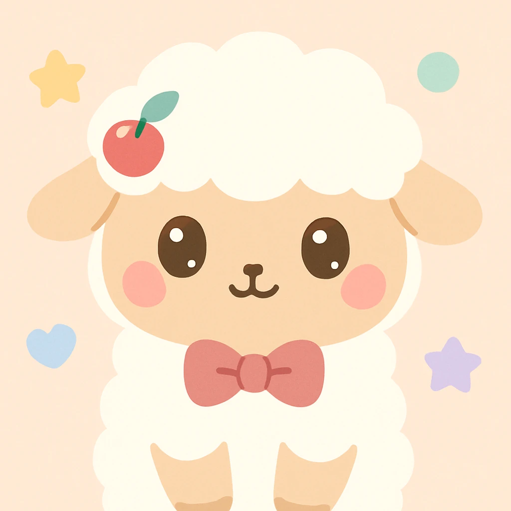 kawaii sheep with soft warm beige body, creamy white wool, cherry pink blush, cocoa eyes with sparkles, cherry red hair clip with green leaf, dusty pink bow tie emoji