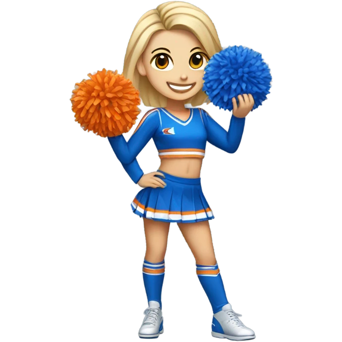 Caucasian Cheerleader with orange and blue Pom poms  in her hand and a “K1” on Uniform emoji