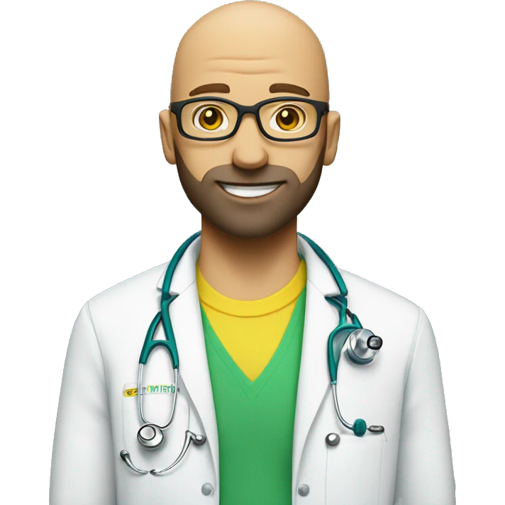 bald man with scruff, and blue eyes, and bright yellow stethoscope, and green glasses emoji