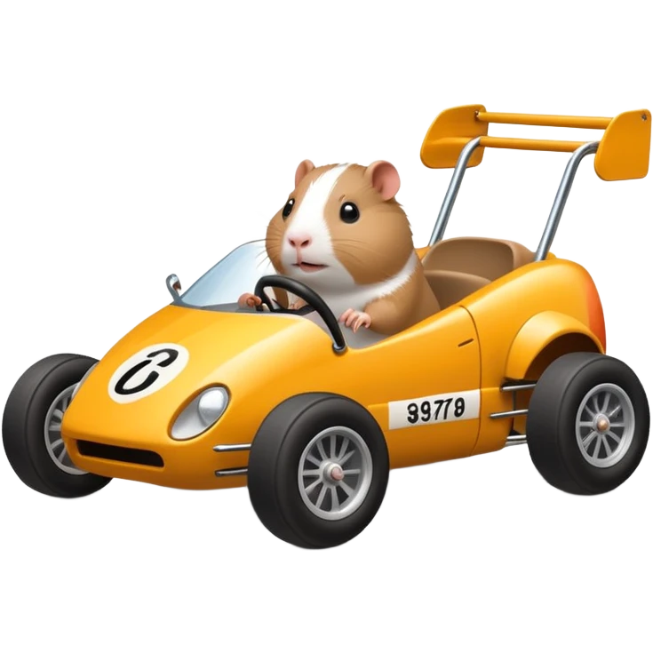 Race car whose frame and suspension is made of shopping cart material and flat panel body, being aggressively driven by a small thin Guinea pig  emoji