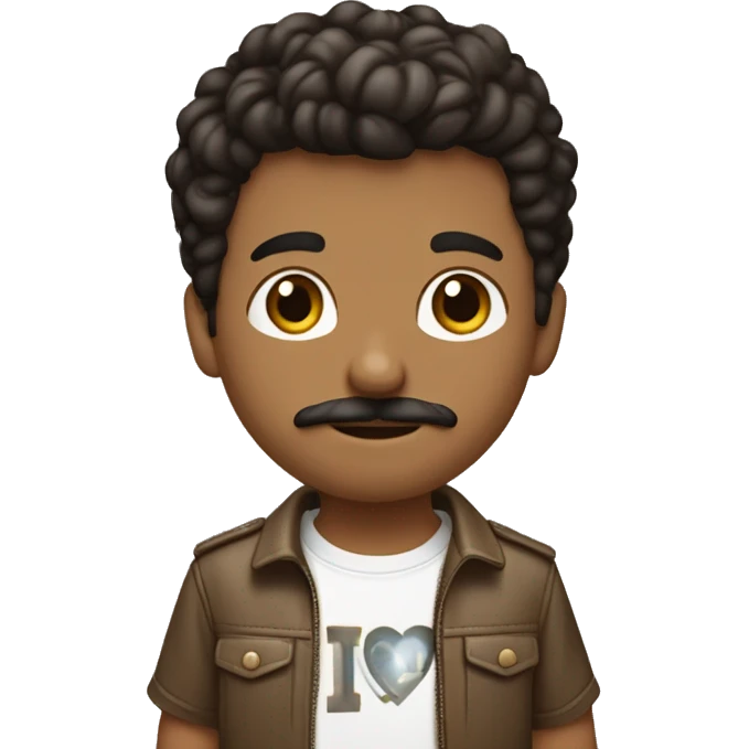 boy with medium length dark brown hair and moustache wearing a i love new york shirt, brown pants and cross body bag light brown skin emoji