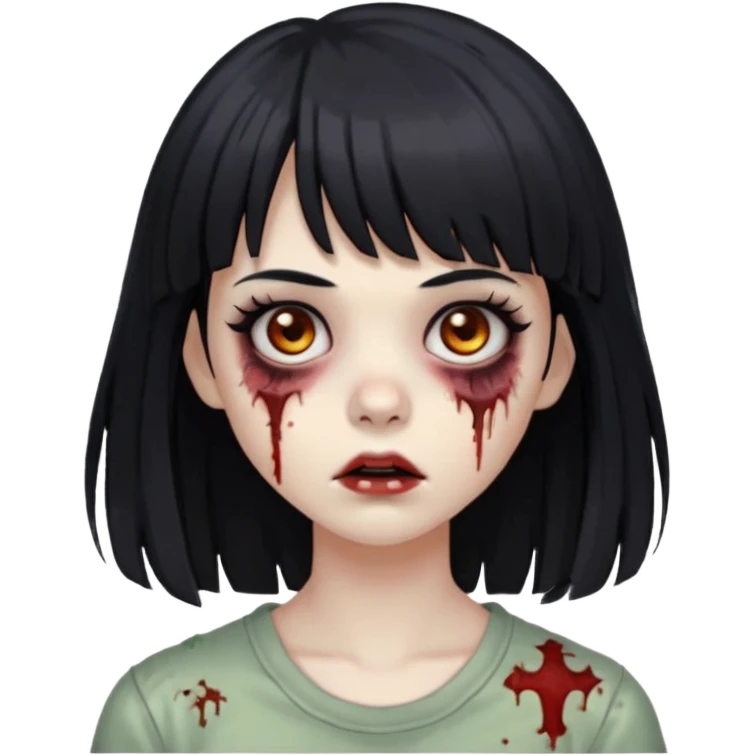 Zombie girl, black hair with bangs, slightly wavy, layered haircut, long eyelashes, black eyes. emoji