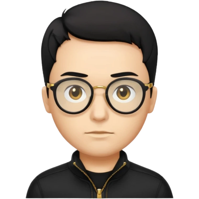A guy with short black hair, black clothing, golden zipper with black glasses emoji