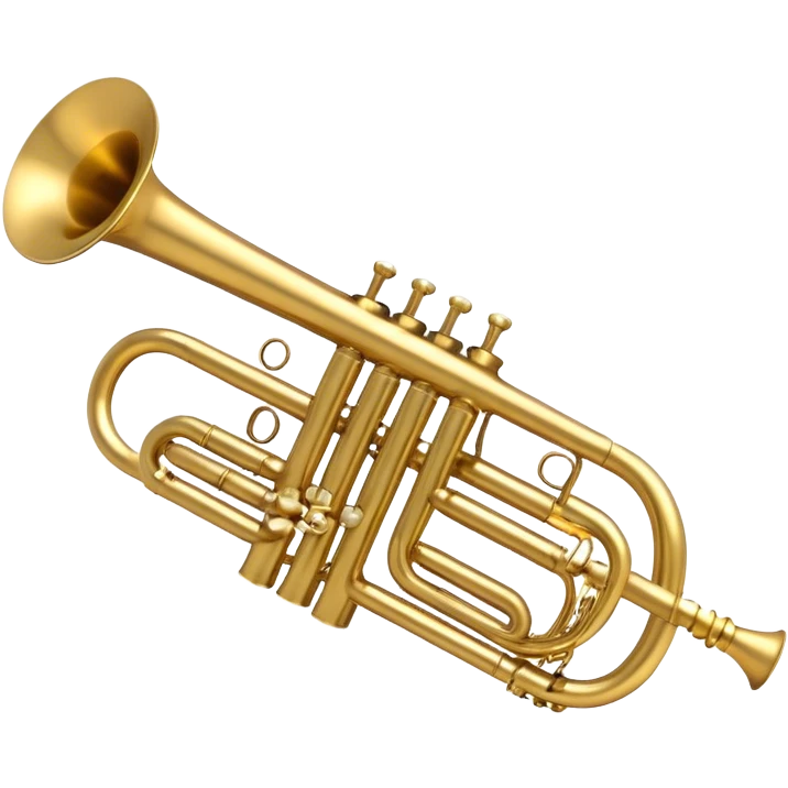 Create a sleek and polished emoji representing the Brahner trumpet. The design should feature the shiny brass body of the trumpet, with its distinct bell shape and coiled tubing. Highlight the three smooth, finger-operated valves, and the mouthpiece at the top of the instrument. The finish of the trumpet should be a rich, golden brass tone with subtle reflections, giving it a polished and professional appearance. Add musical notes or soundwaves around the bell of the trumpet to evoke its bold and brassy sound. Use golden, brass, and silver tones to emphasize the vibrant, high-quality design of the trumpet. The background should be transparent. emoji