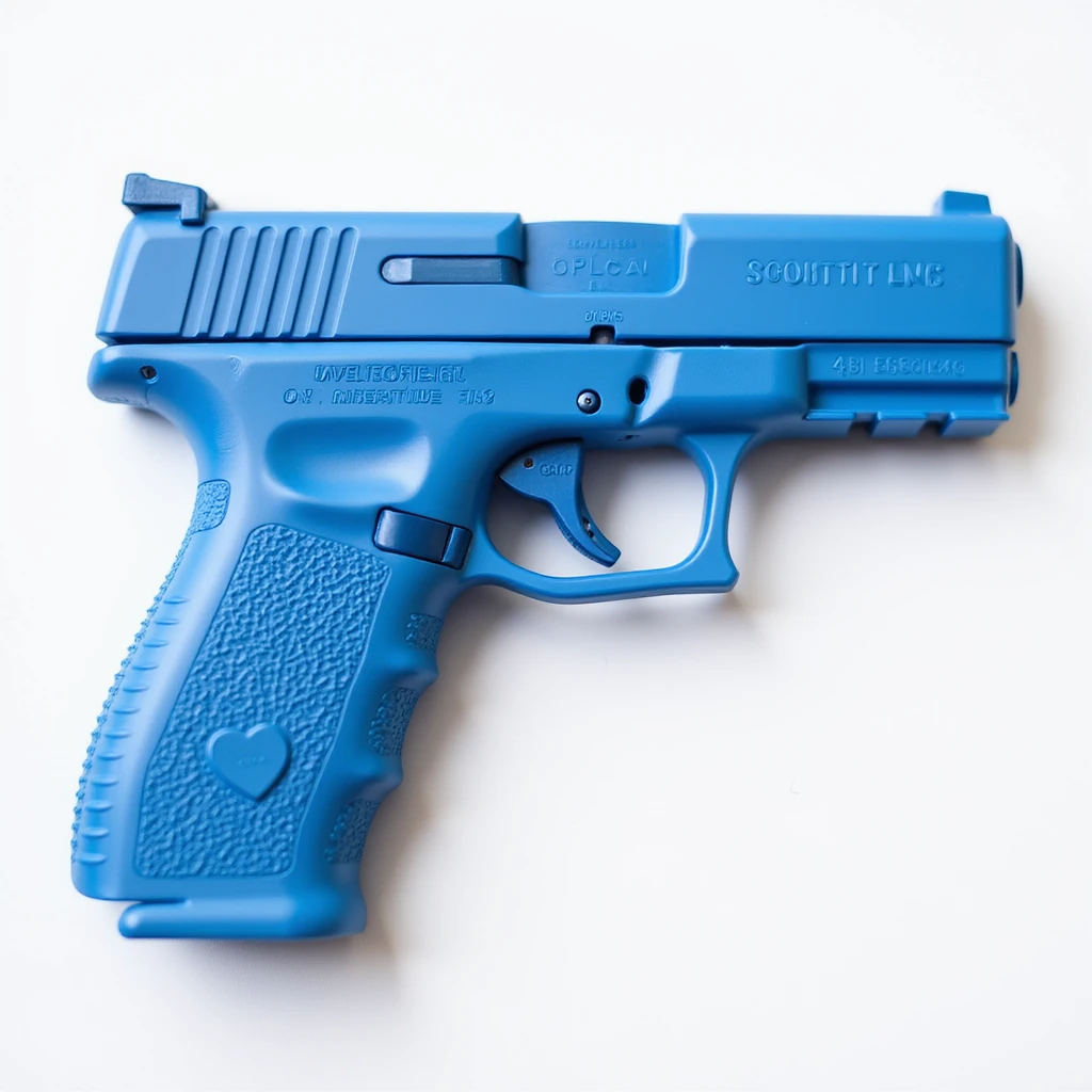 photorealistic blue pistol with a glossy finish, no heart shapes or motifs, on a white background emoji