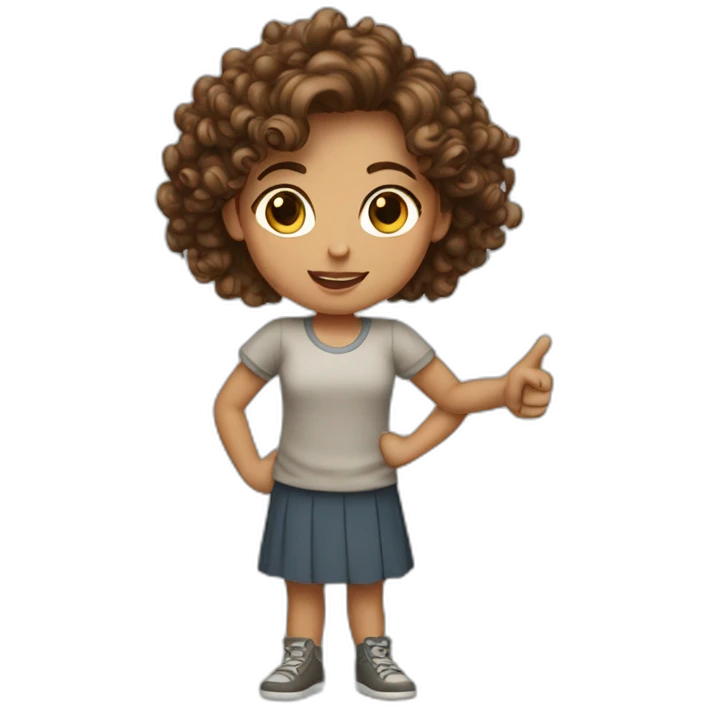 a girl with curly brown hair with pointing finger emoji