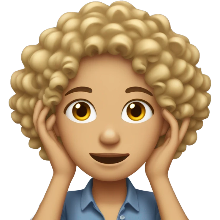 Curly haired light skin woman who is covering her ears emoji