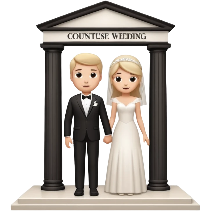 A 3D cartoon courthouse wedding venue with a bride and groom standing at the entrance, elegant white columns, soft natural lighting, simple modern decor, minimal background, realistic Memoji-style rendering. emoji