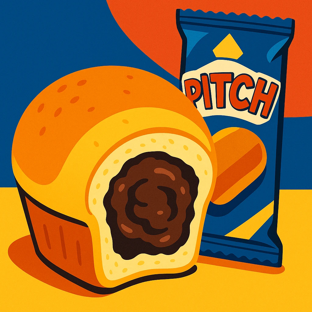 A close-up of a Brioche Pasquier pitch snack with a bite taken out, showing the rich chocolate interior, in a vibrant, mouthwatering illustration emoji