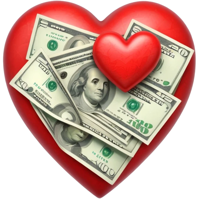 "Realistic HD red heart fused with money, cash integrated into the heart, glossy texture, clean white background." emoji