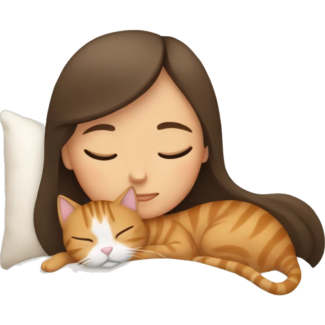 brunette girl sleeping with tan tabby cat  emoji