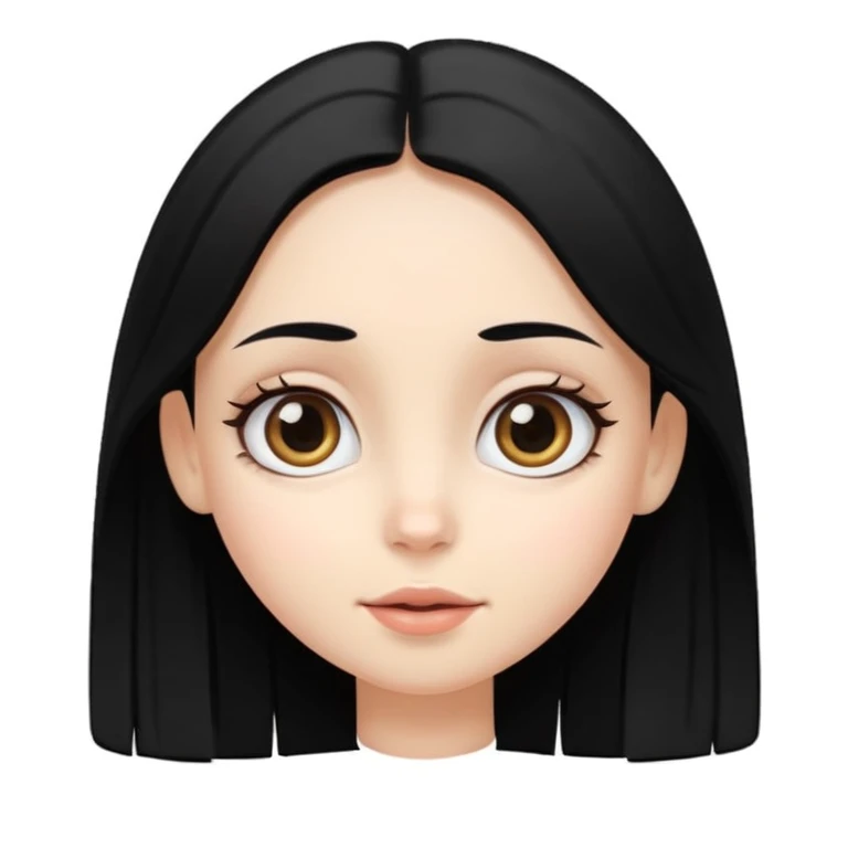 Crear emoji de una chica de piel blanca ojos grandes negro pelo lacio negro con raya al medio tierna, dulce y alegre emoji
