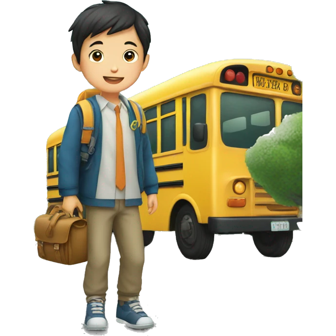 asian Boy going to school in bus emoji