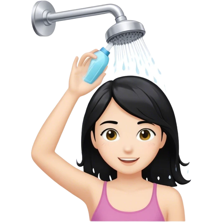 White girl with black hair happy to wash her hair with shampoo in the shower emoji