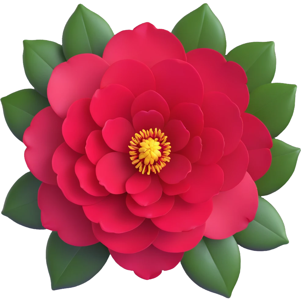 Detailed camellia bloom with formal double form, perfect spiral arrangement of overlapping deep red petals and characteristic glossy oval leaves with fine serrated edges emoji
