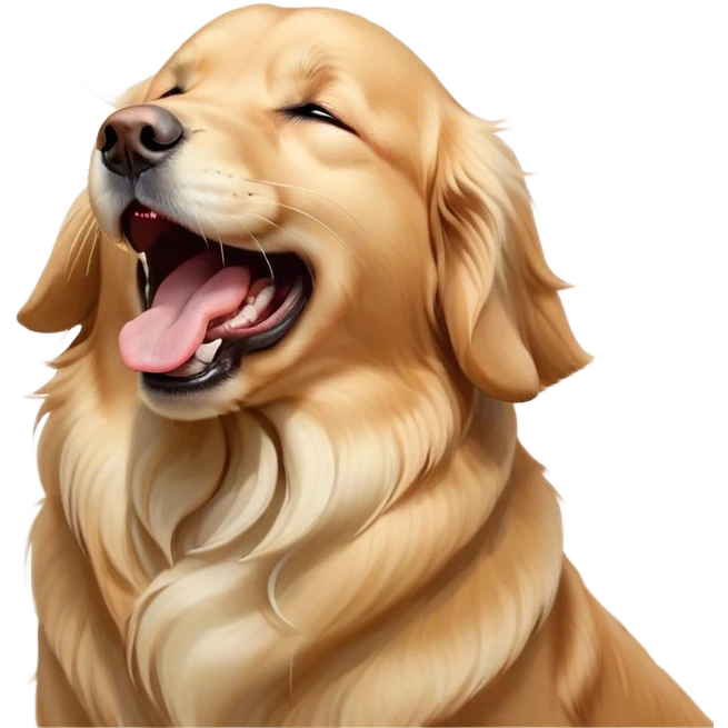 Cinematic Cute Yawning Golden Retriever Portrait Emoji, Head tilted slightly with a dramatic, wide-open yawn, revealing a silky golden coat with a subtle shimmer, floppy ears slightly drooping, round brown eyes barely open in drowsy contentment, Simplified yet irresistibly adorable features, highly detailed, glowing with a soft, cozy glow, high shine, relaxed yet expressive, stylized with a touch of whimsy, bright and endearing, soft glowing outline, capturing the essence of a sleepy yet affectionate companion, so drowsy it feels like it could stretch out of the screen and curl up for a nap! emoji