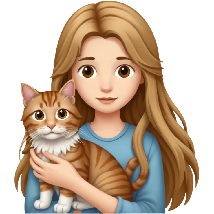 A long-haired girl holding a long haired tabby emoji