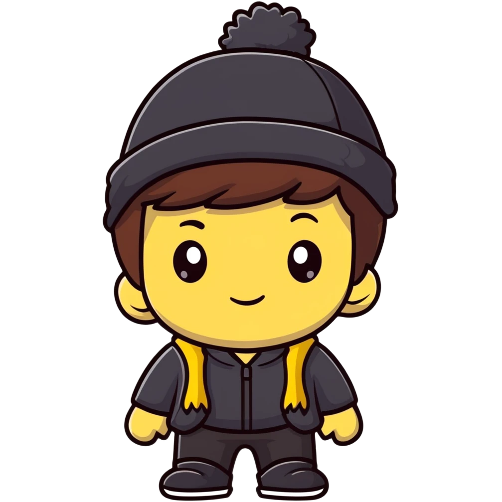 cute boy with fluffy brown hair wearing a black hat with yellow decoration emoji
