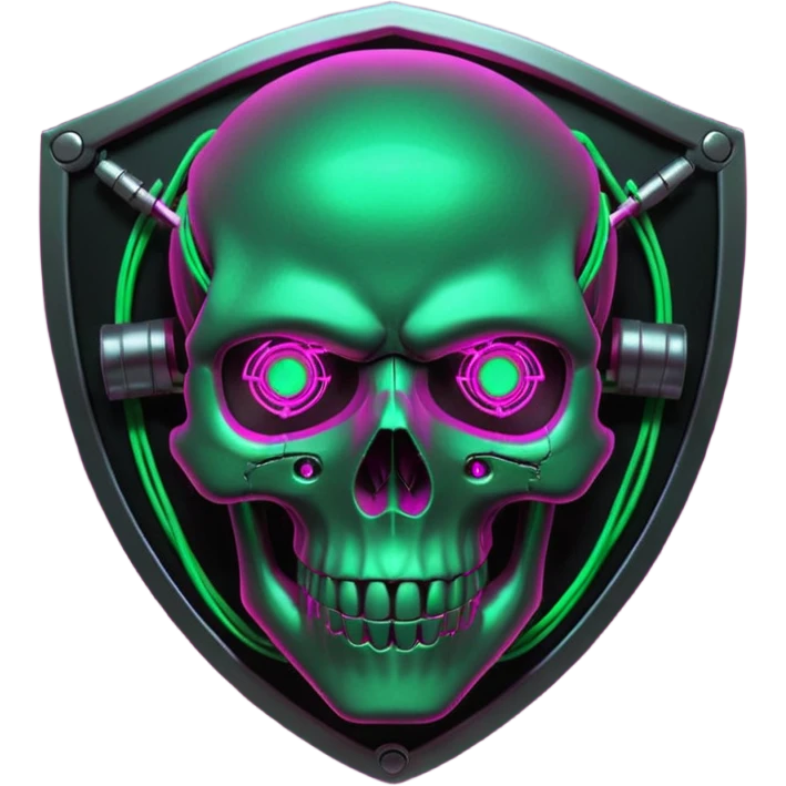 Cyberpunk shield, skull with cybernetic implants, glowing wires, dark electric pink and grenn, black tones, no background emoji