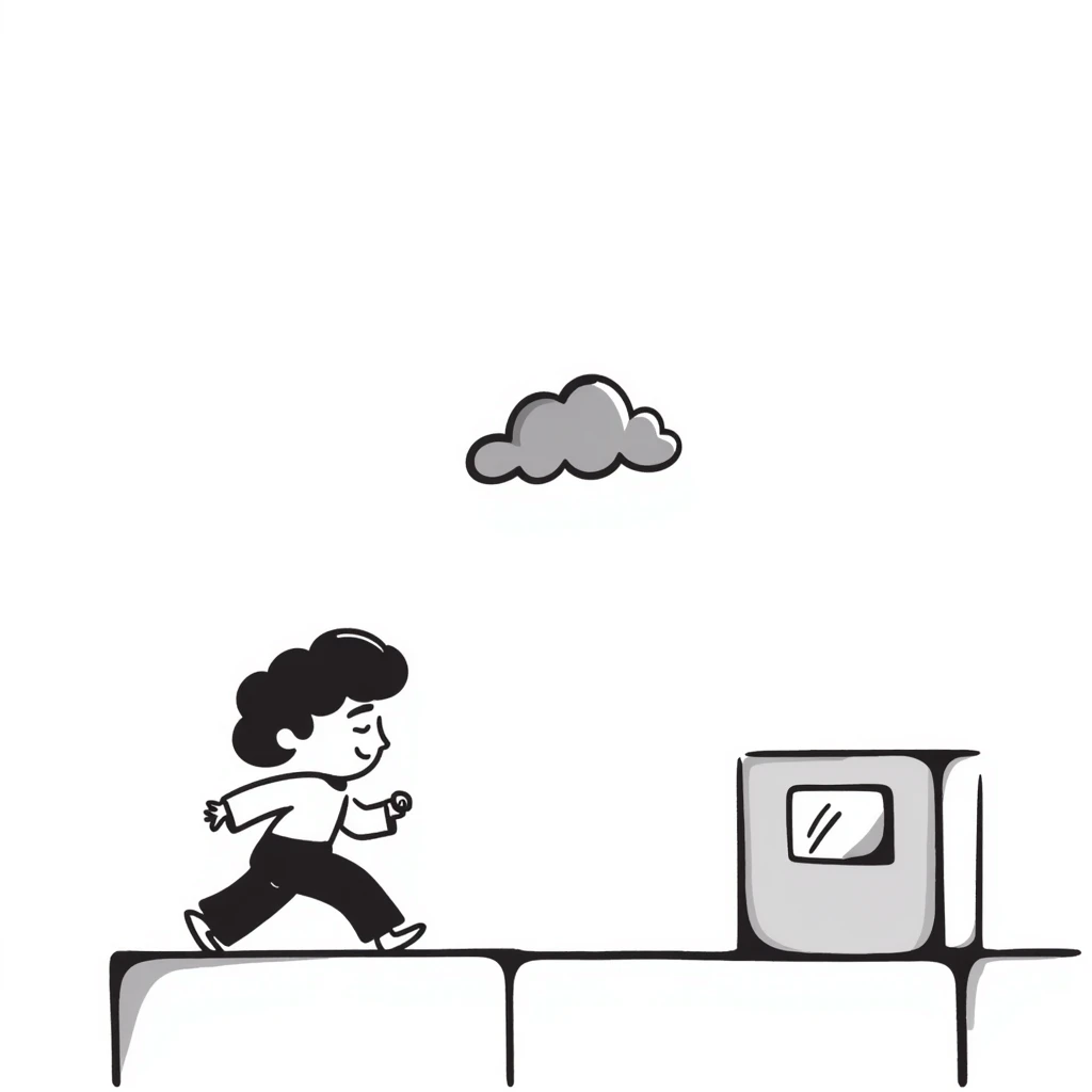 pixel art of a retro side-scrolling video game scene with blocks, platforms, clouds and a character jumping, 8-bit Game Boy style emoji