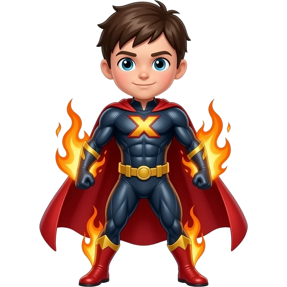 Make a super hero named cipher x and he has fire power make him look like a kid no muscle emoji