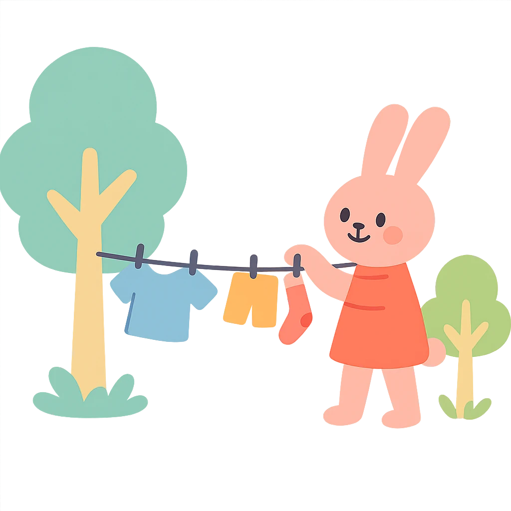 bunny hanging laundry between trees, calming domestic forest feel, soft pastel colors, pastel-toon style emoji