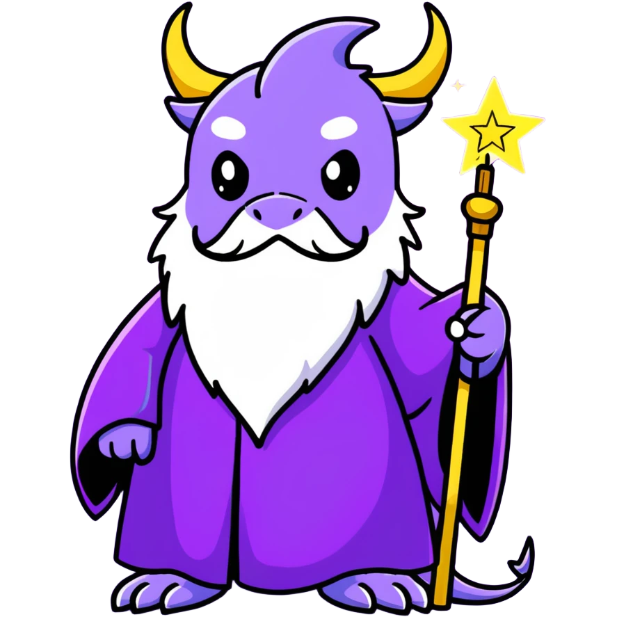A wise old dragon wizard with a long beard, starry purple robes, and a glowing magic staff emoji