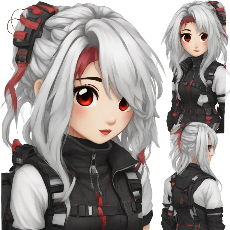 Gorgeous techwear anime style lady with blushing face aesthetic and pretty edgy black red white punk messy hair with collar and harness trending style emoji