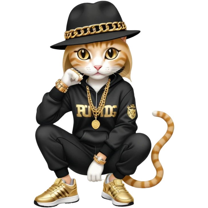 female cat dressed like Run DMC in tracksuit, fedora, Adidas shoes, lots of gold chains, rings, bracelets, earrings, whispering to a friend, no sunglasses emoji