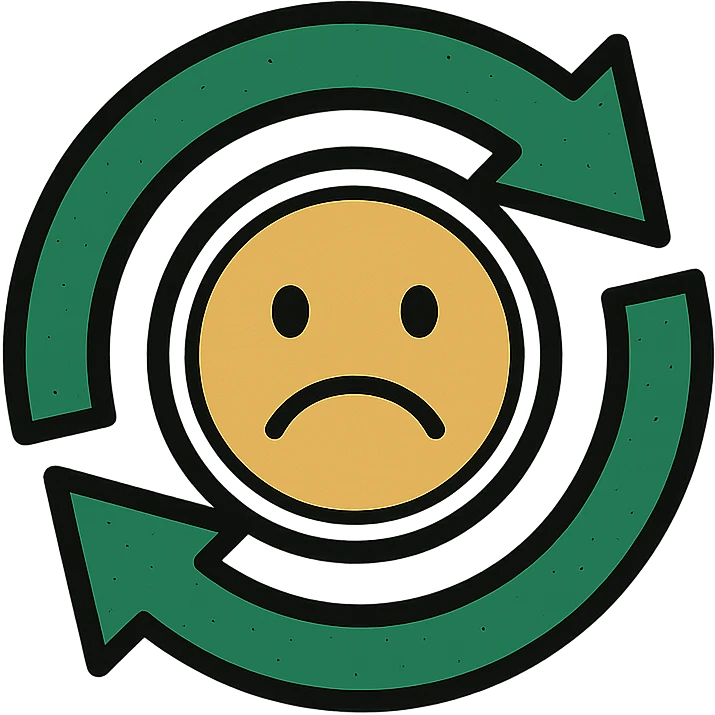 turnover arrows forming a circle with a frowning face in the center, classic look, green gold and white color scheme, elegant lines, decorative details, no background emoji
