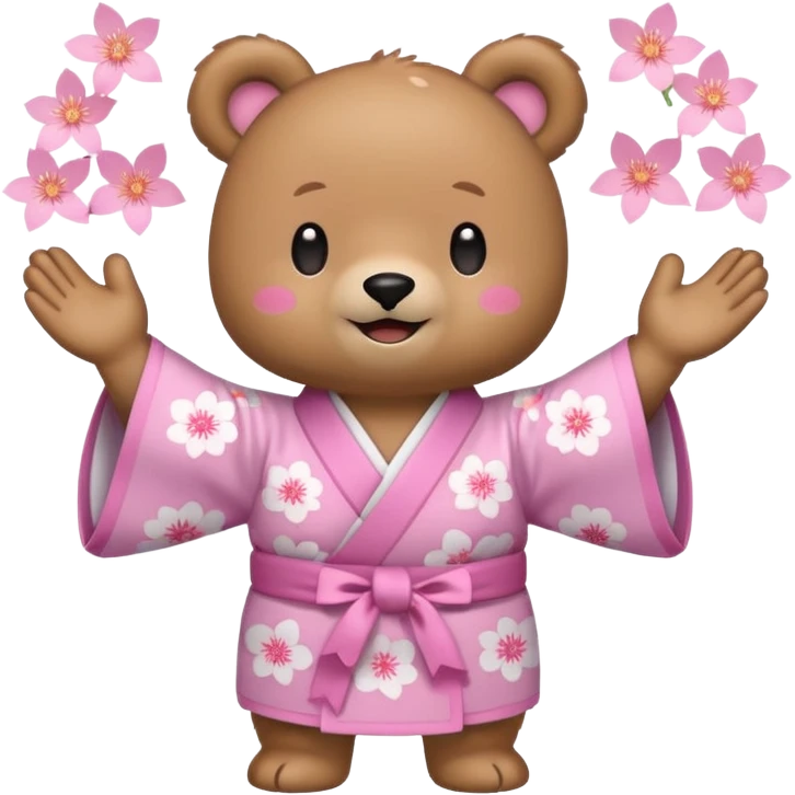 A cute light-brown bear wearing a pastel pink sakura-patterned kimono, normal balanced body ratio.  
Clapping hands cheerfully with a big bright smile and small spark effects around.  
Kawaii emoji style, minimalistic clean sticker illustration, white background.
 emoji