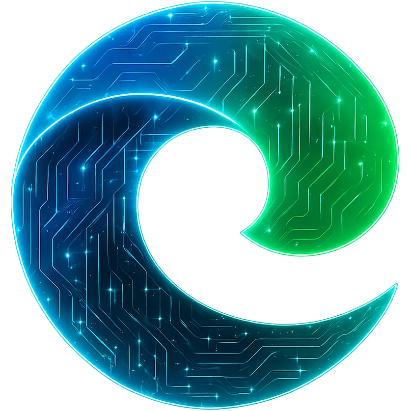 Transform the Microsoft Edge logo into a cyberpunk, holographic style with glowing neon blue and green edges, circuit patterns throughout the swirl, and a transparent background. Maintain the recognizable Edge swirl shape and color gradient, overlaying neon and circuit effects in a consistent futuristic, clean cyberpunk glow style with intricate circuit details. emoji