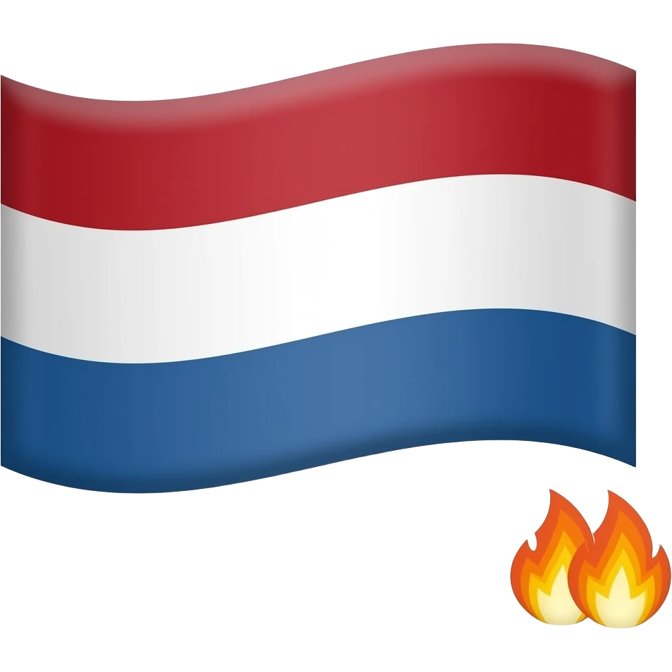 dutch flag no wave just flat  with two small fire emjoy  next to each other overlaping on top of the flag in the right bottom corner emoji