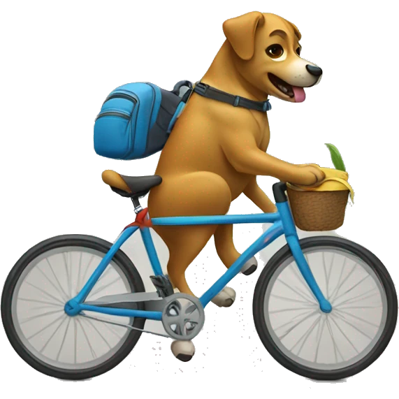 A dog is riding a bicycle and wearing a backpack. emoji