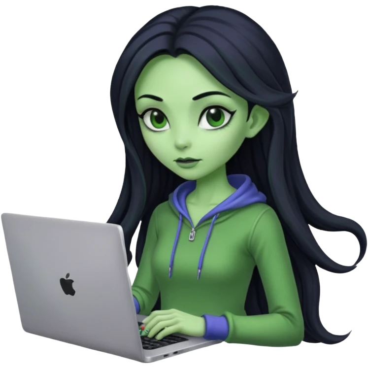 lady alien with only gaming laptop. negative : headphones. emoji