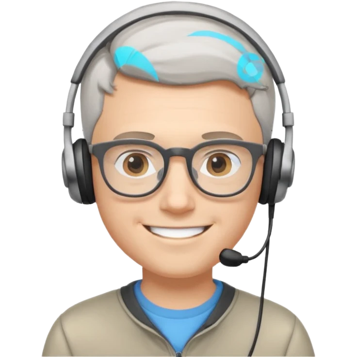 young white man, short gray hair, glasses, small headphones, big smile, focused on data analysis, intelligent vibe emoji