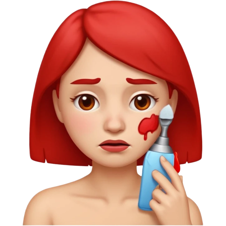 woman emoji with frown, red irritated skin on face and neck, one hand on cheek, clearly suffering from shaving burn emoji