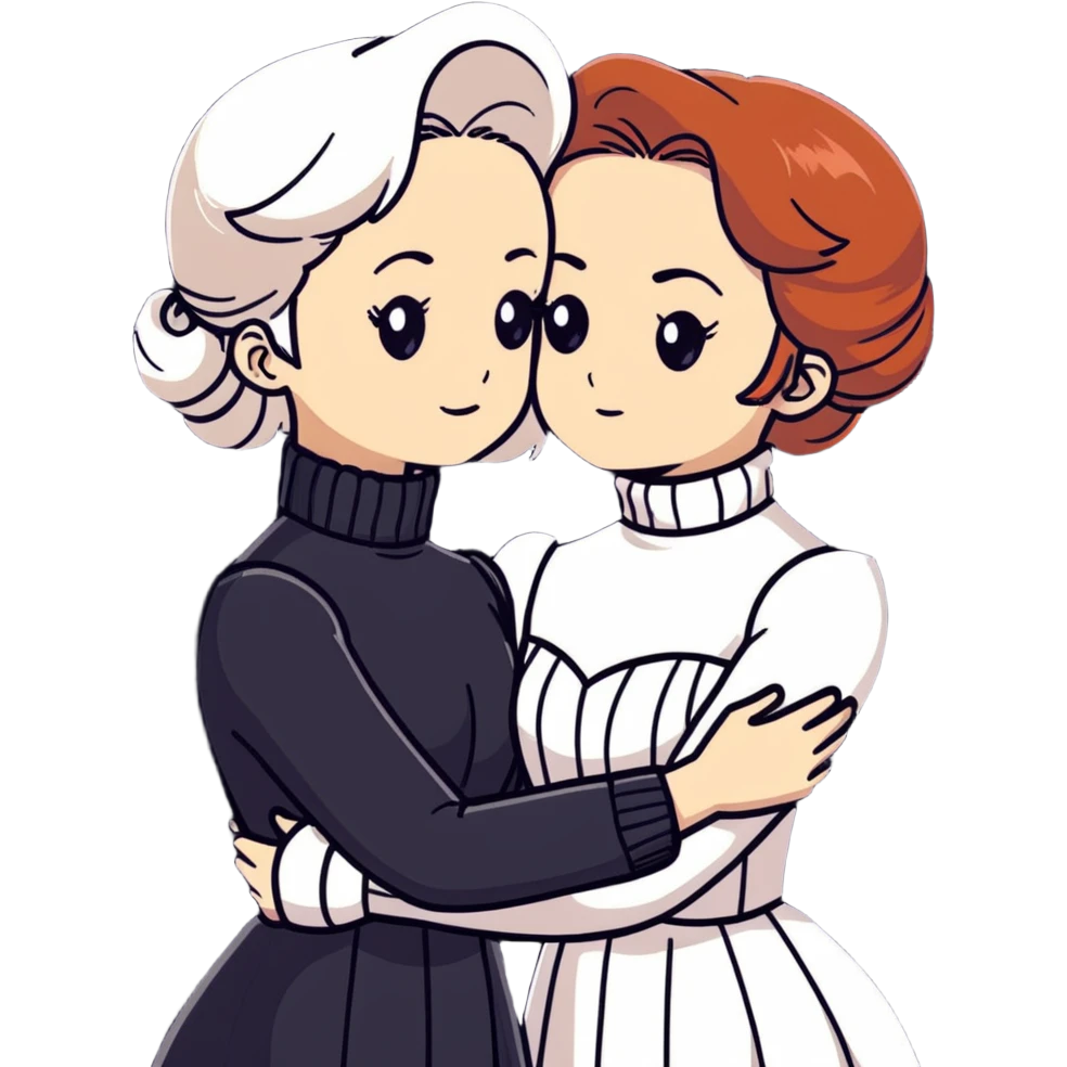 Two Victorian women with light eyes, one with bright white coiffed hair and one with dark copper coiffed hair, wearing Victorian turtleneck dresses, embracing each other in a sad, intimate hug emoji