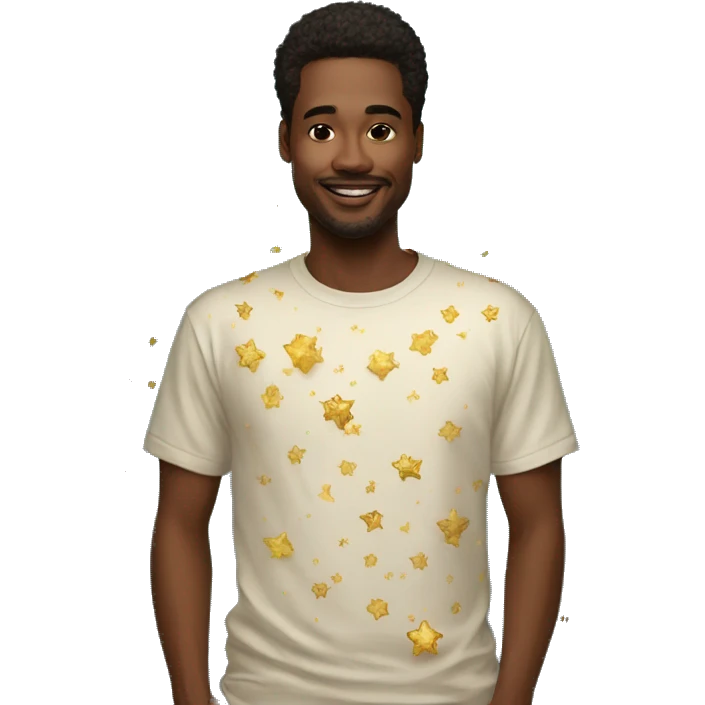 Person wearing t shirt filled with vintage detailed golden stars galaxies celestial emoji