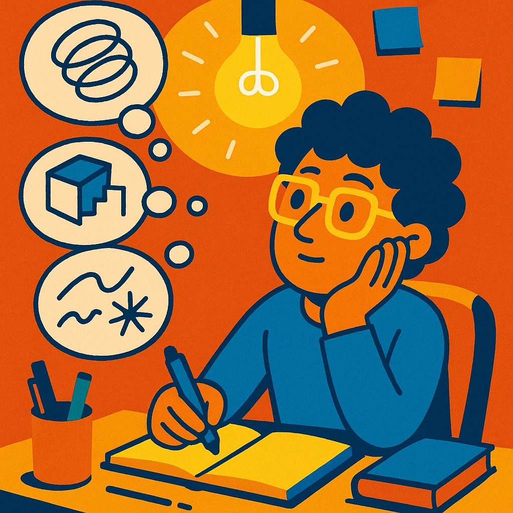 creative thinker in a cozy workspace, thought bubbles filled with abstract ideas and sketches, illuminated by a bright light bulb, surrounded by pens, sticky notes, and books, bright style, 4:5 aspect ratio emoji