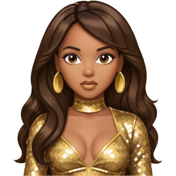 LeToya Luckett from Destiny's Child with dark brown long hair, gold outfit emoji