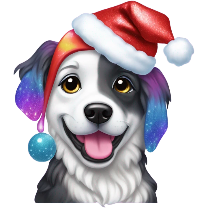 Lisa frank Christmas sparkle￼ dog with Santa hat emoji