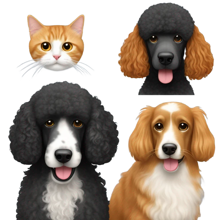 Black standard poodle with orange long haired cat with tabby short haired cat emoji