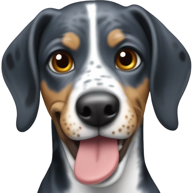 Miniature bluetick hound with lip stuck on teeth emoji