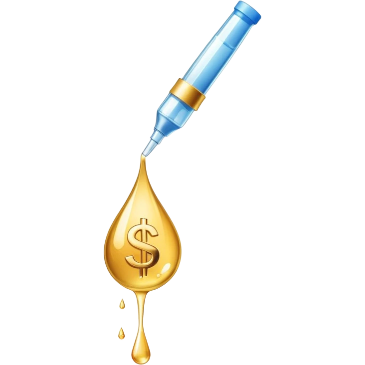 pipette above a shiny gold droplet, dollar sign visible inside the drop emoji