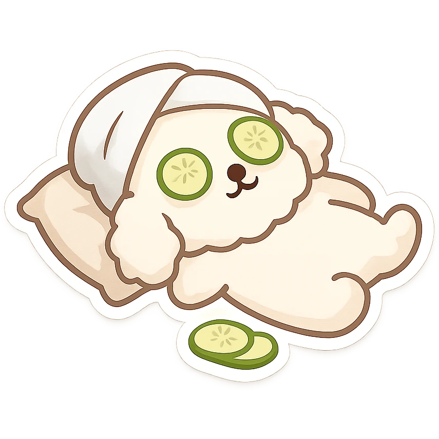 Transform the image into a WhatsApp sticker by removing the background, leaving only the relaxed dog with cucumber slices on its eyes, and adding a white border around it for a sticker effect. emoji