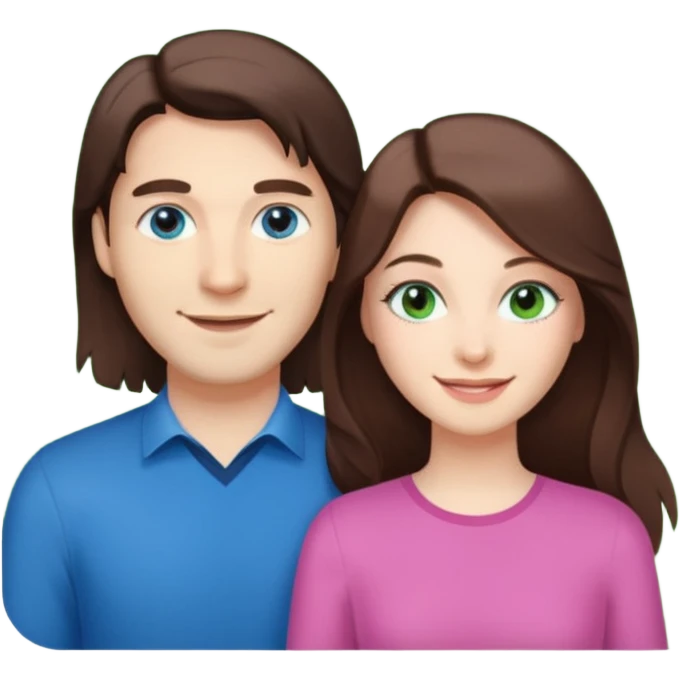“A pink Polaroid-style photo of a couple: a white woman with long brunette hair and blue eyes, and a white man with short brunette hair and green eyes.” emoji