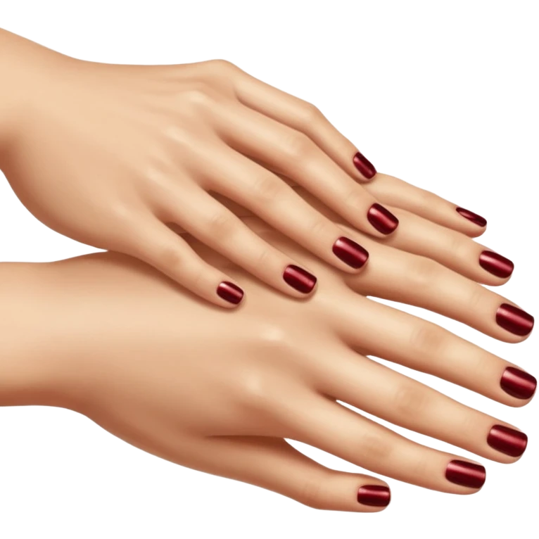 A well groomed foot and hand placed naturally on top of each other with matching metallic deep red painted nails. emoji